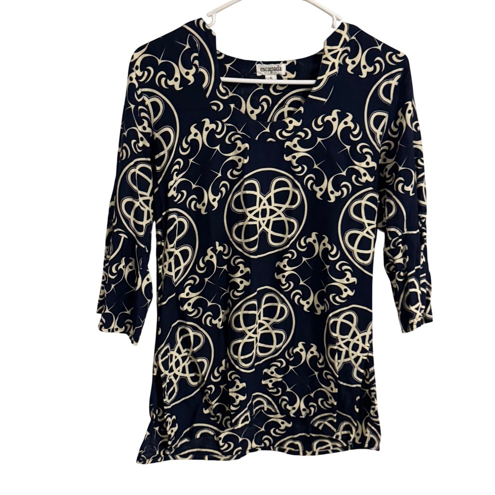 Escapada Womens Navy Blue Cream Medallion Print V-Neck 3/4 Sleeve Top Small